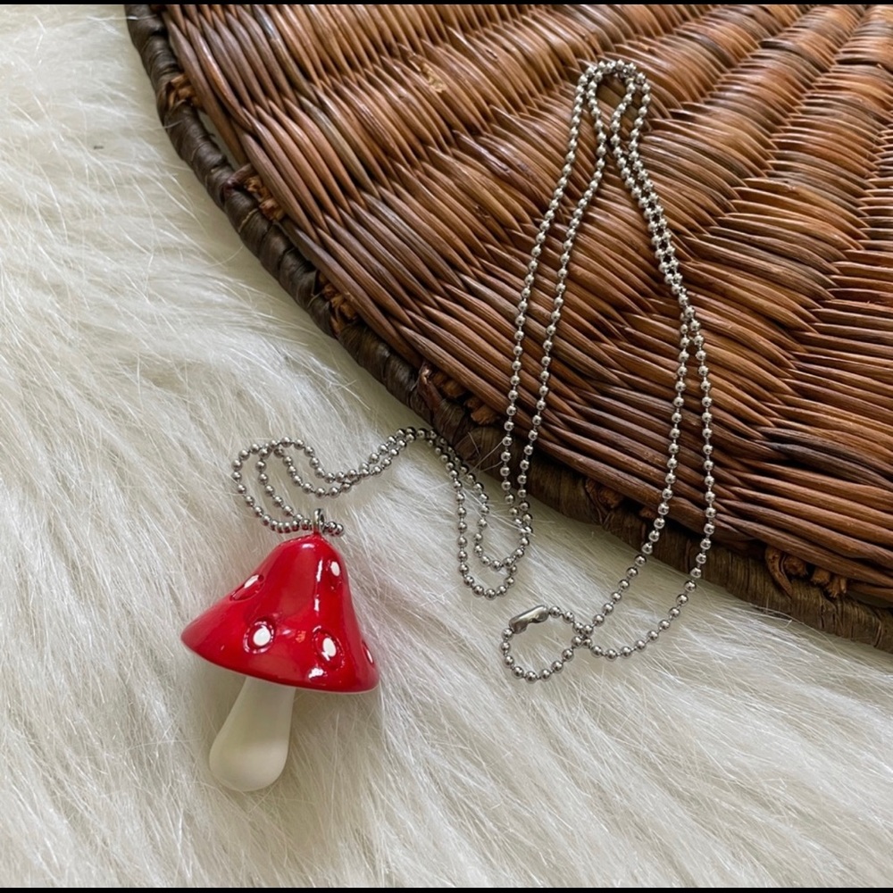 Red Mushroom Necklace on 20” stainless Ball chain
